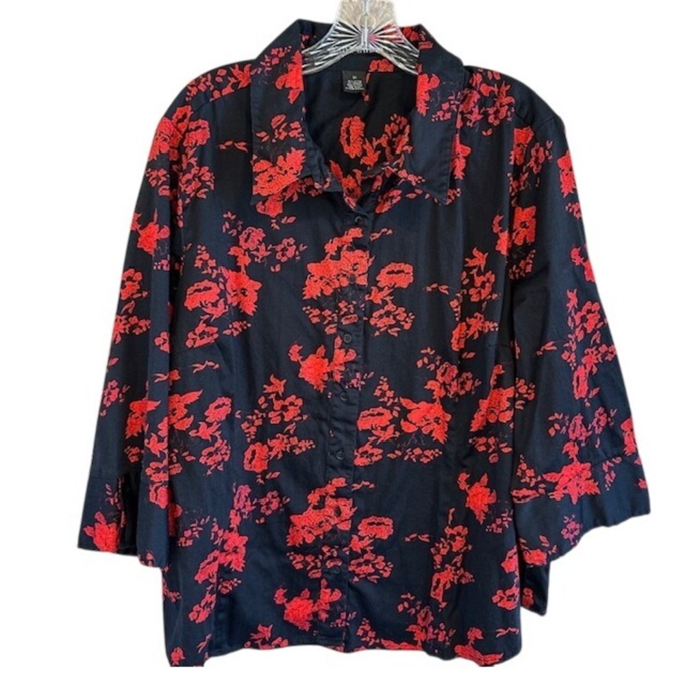 Scott Taylor Women's Black Floral 3/4 Sleeve‎ Button Up Blouse Size 3X